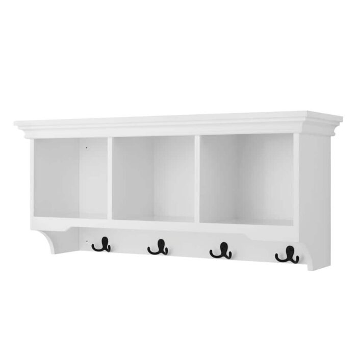 16.14 in. H x 36 in. W x 11 in. D White Wood Floating Decorative Cubby Wall Shelf with Hooks